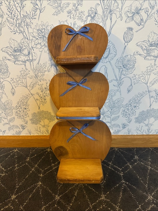 Other - Wooden Heart Tiered Wall Shelf with Blue Ribbon Accents